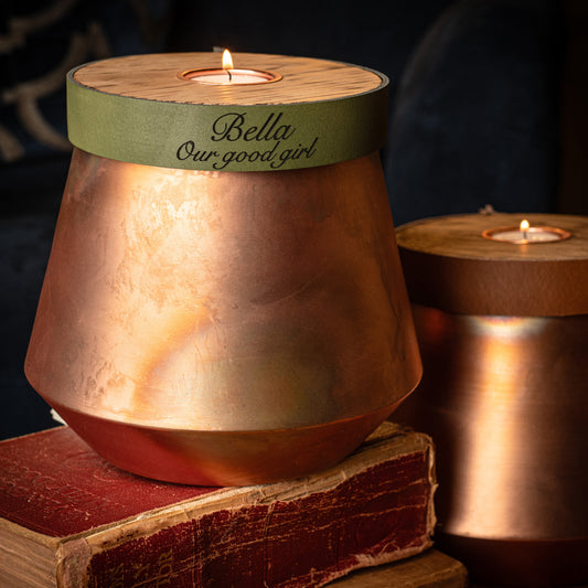 Human or Pet Urn For Ashes, Burnt Copper, Modern Candle Urn, Large Size, Personalise, British Racing Green Leather