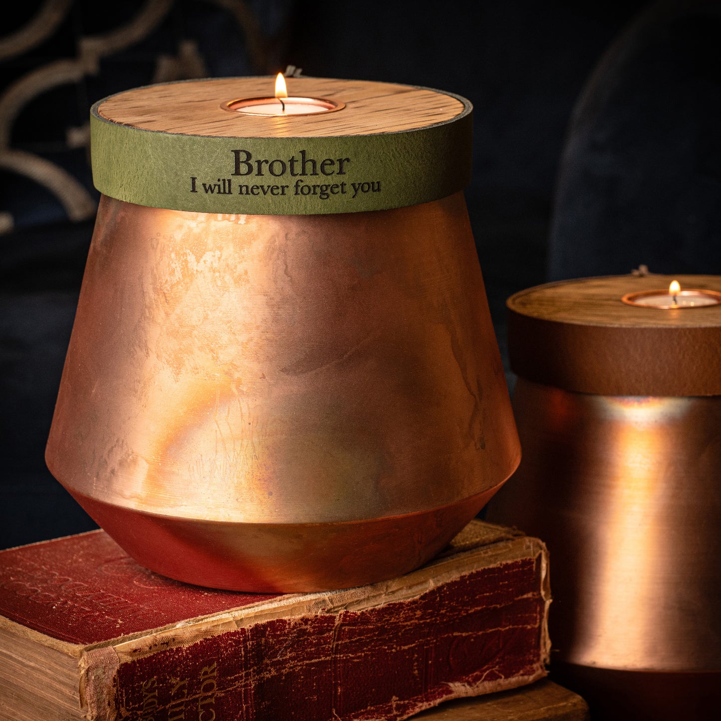 Human or Pet Urn For Ashes, Burnt Copper, Modern Candle Urn, Large Size, Personalise, British Racing Green Leather