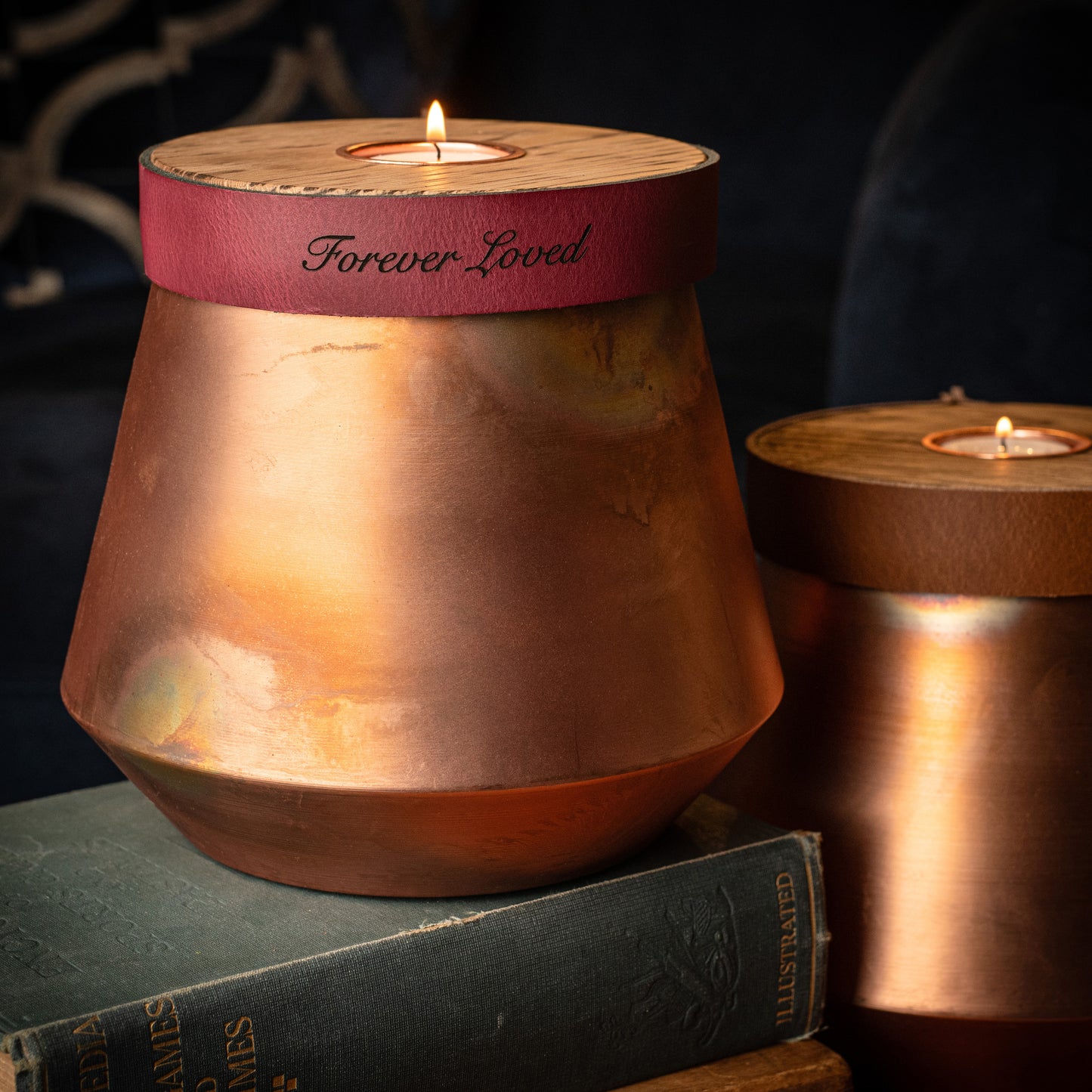 Human or Pet Urn For Ashes, Burnt Copper, Modern Candle Urn, Large Size, Personalise, Burgundy Leather