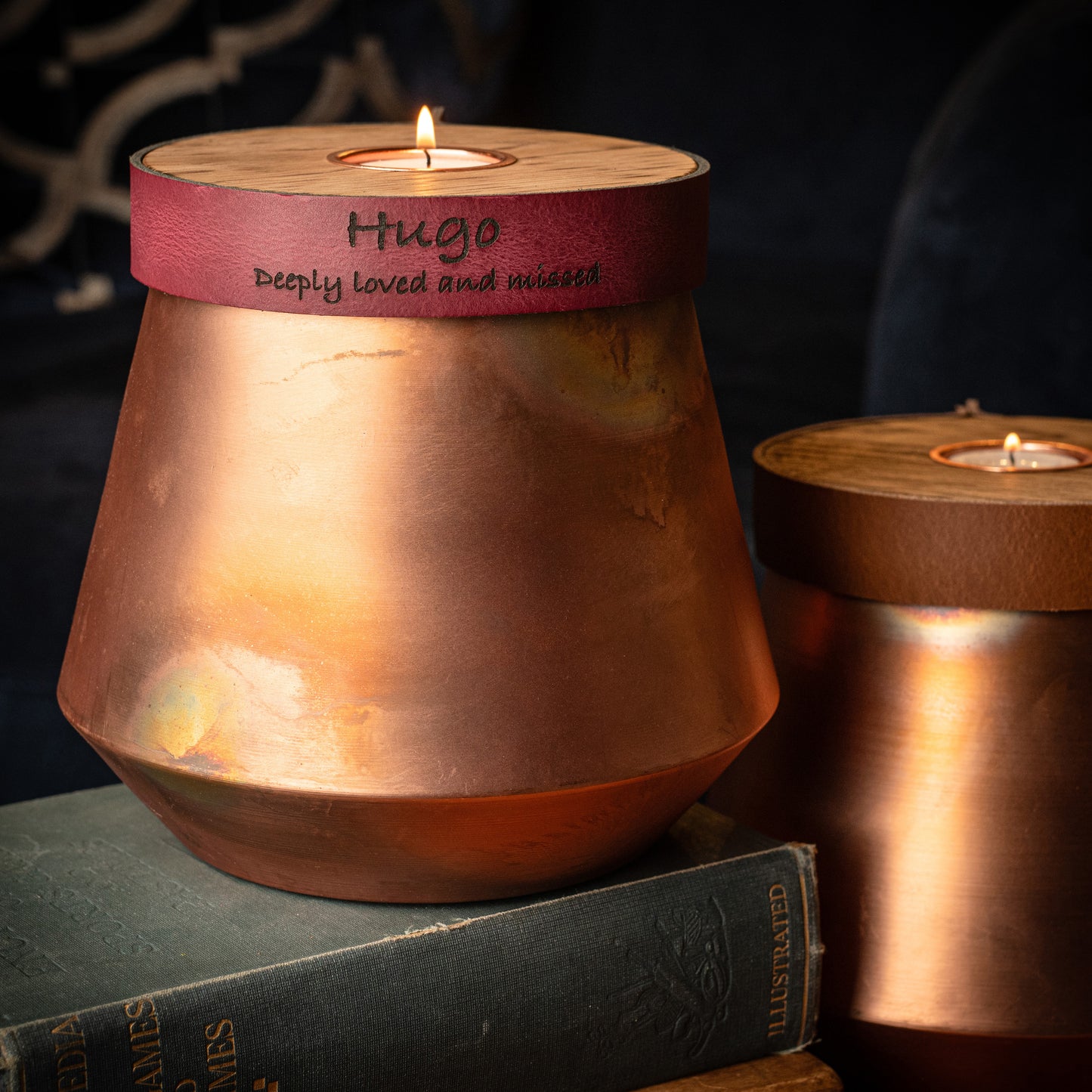 Human or Pet Urn For Ashes, Burnt Copper, Modern Candle Urn, Large Size, Personalise, Burgundy Leather