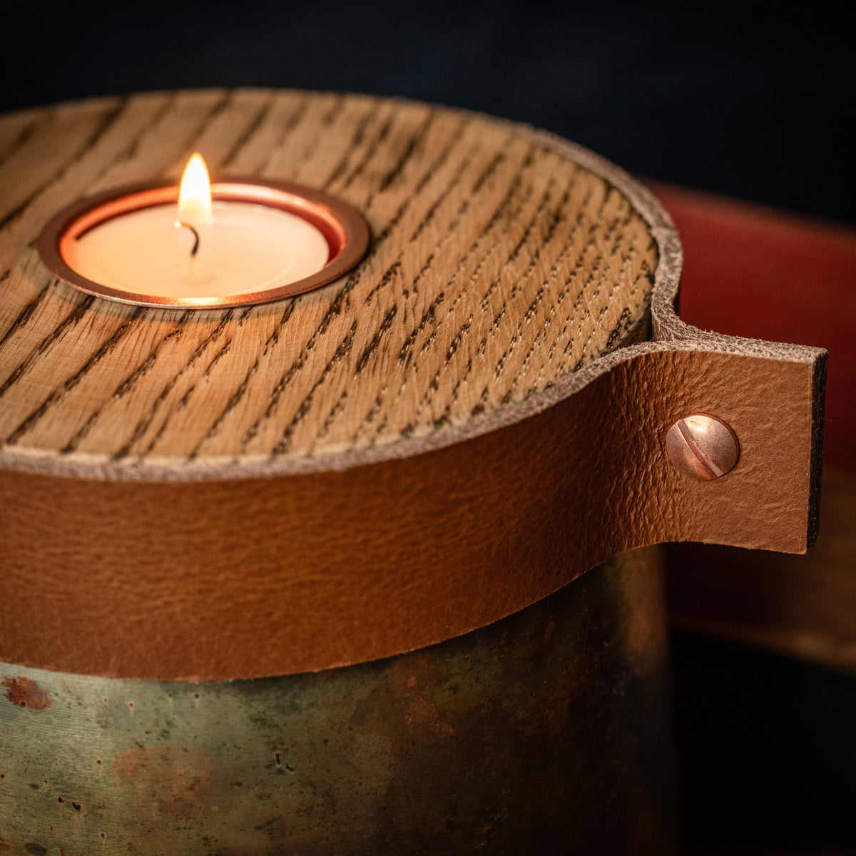 Industrial Antique Copper Urn for Human or Pet Ashes – Large, Personalized with Cognac Leather