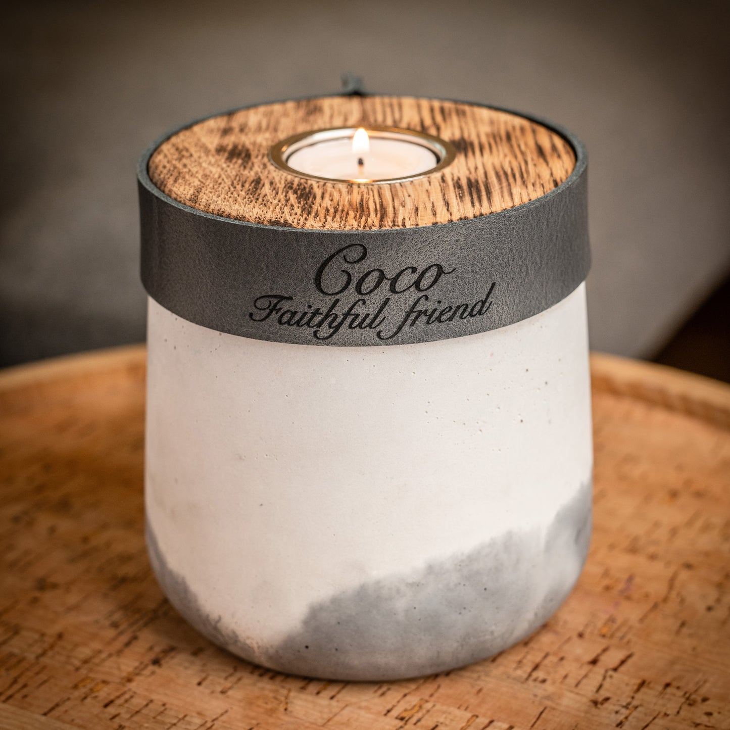 Human or Pet Urn For Ashes, Modern Candle Urn, Small Size, Personalise, Handmade in the UK, White & Grey Two Tone with Smoke Grey Leather