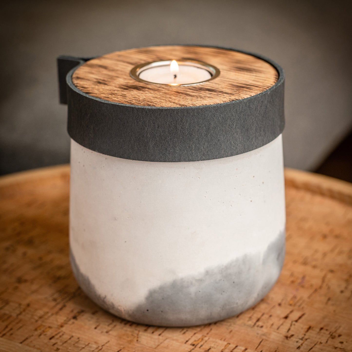 Human or Pet Urn For Ashes, Modern Candle Urn, Small Size, Personalise, Handmade in the UK, White & Grey Two Tone with Smoke Grey Leather
