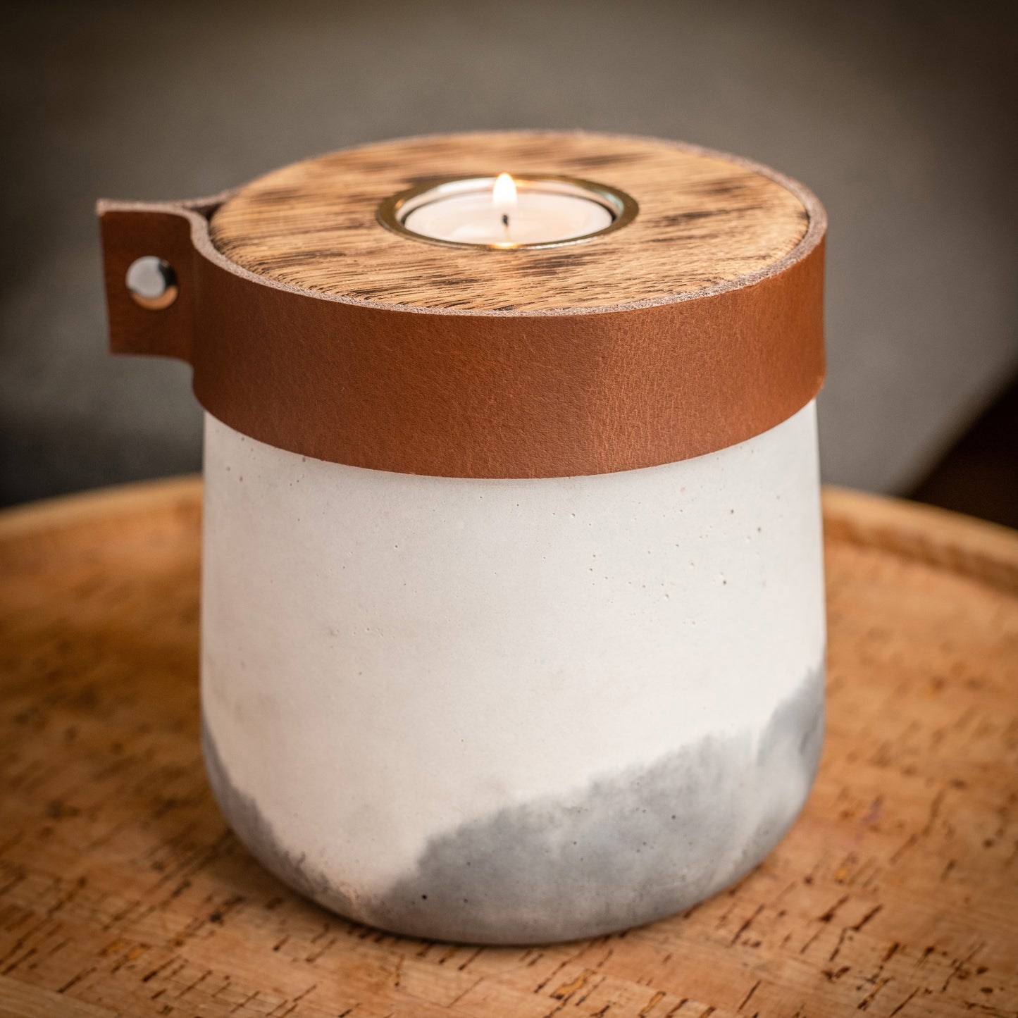 Human or Pet Urn For Ashes, Modern Candle Urn, Small Size, Personalise, Handmade in the UK, White And Grey Two Tone with Cognac Brown Leather