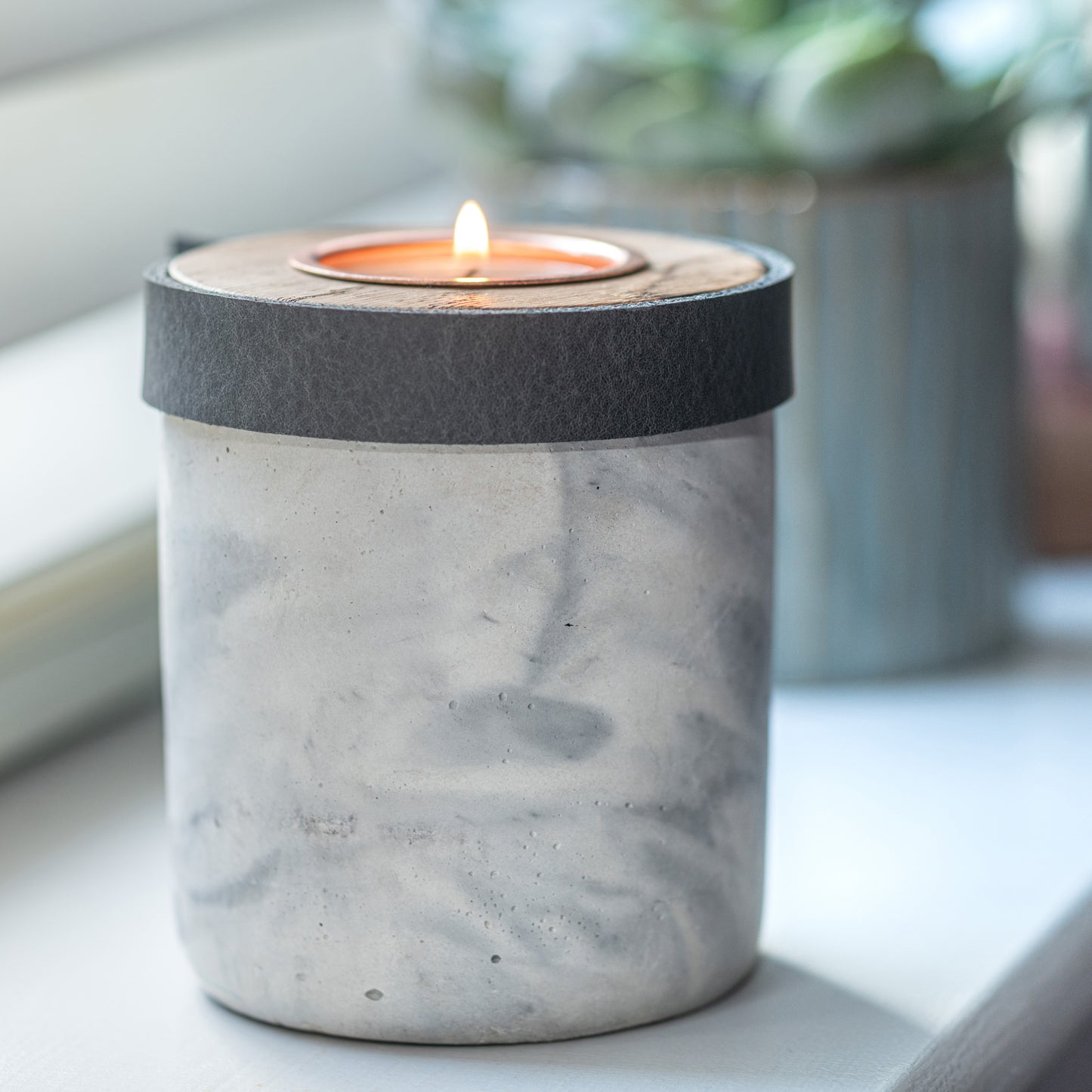 Small Keepsake Urn For Ashes. Handmade in the UK, Modern Candle Urn, White Marble Finish With Deep Smoke Grey Leather