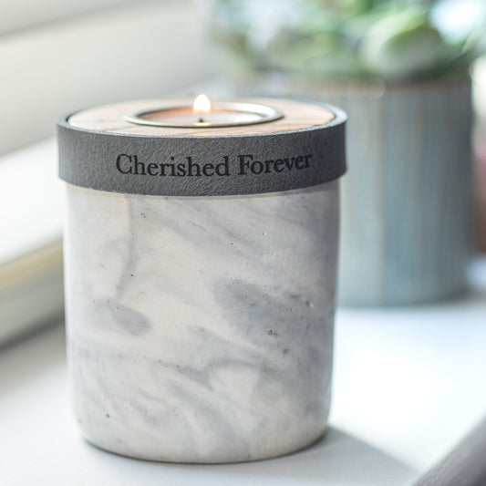Small Keepsake Urn For Ashes. Handmade in the UK, Modern Candle Urn, White Marble Finish With Deep Smoke Grey Leather