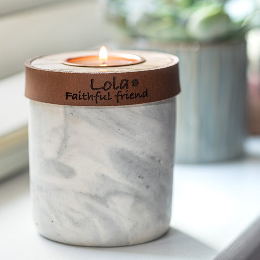 Small Keepsake Urn For Ashes. Handmade in the UK, Modern Candle Urn, White Marble Finish With Cognac Leather