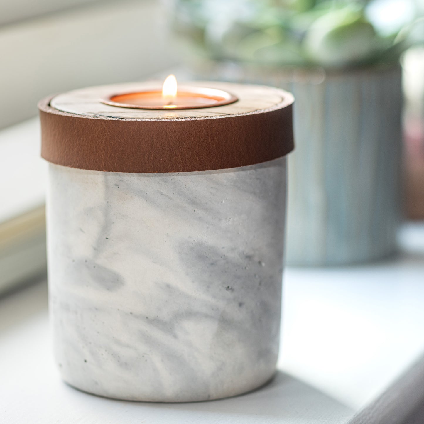 Small Keepsake Urn For Ashes. Handmade in the UK, Modern Candle Urn, White Marble Finish With Cognac Leather