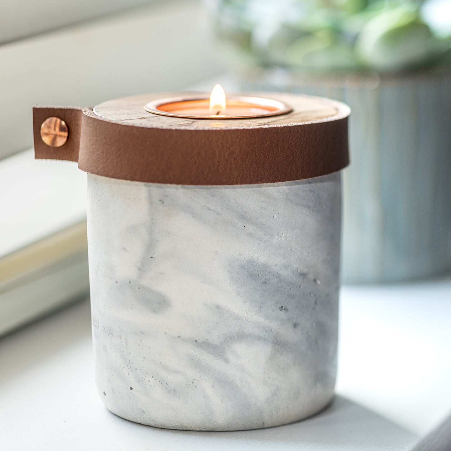 Small Keepsake Urn For Ashes. Handmade in the UK, Modern Candle Urn, White Marble Finish With Cognac Leather