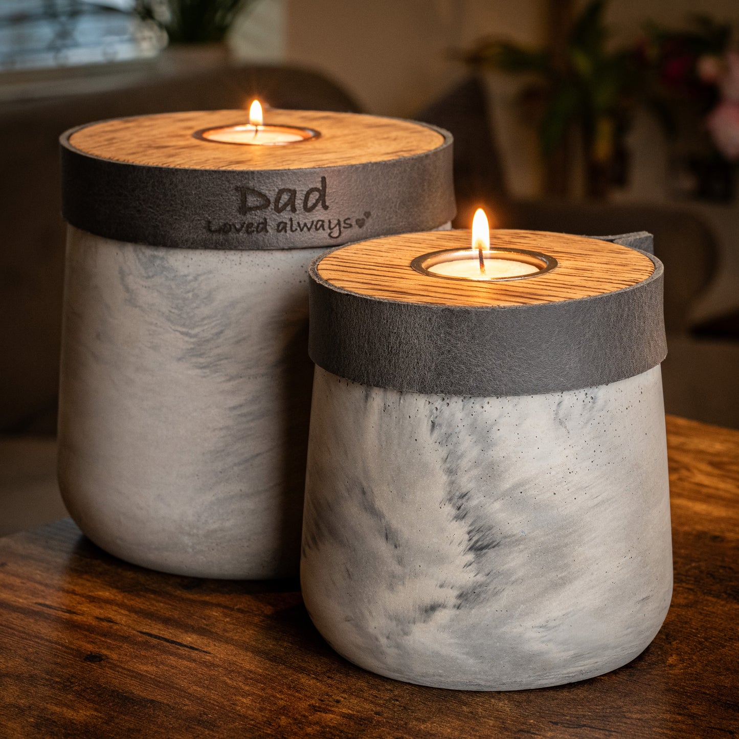 Human or Pet Urn For Ashes, Modern Candle Urn, Medium Size, Personalise, Handmade in the UK, Grey Marble with Smoke Grey Leather