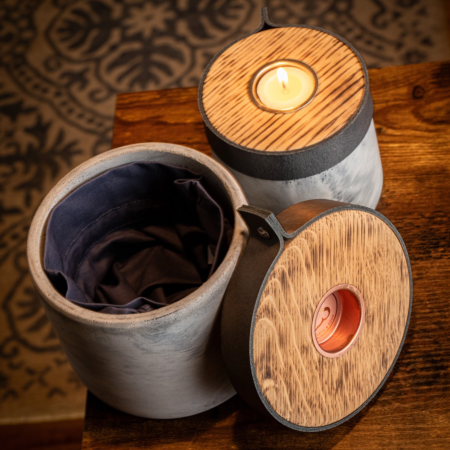 Human or Pet Urn For Ashes, Modern Candle Urn, Medium Size, Personalise, Handmade in the UK, Grey Marble with Smoke Grey Leather