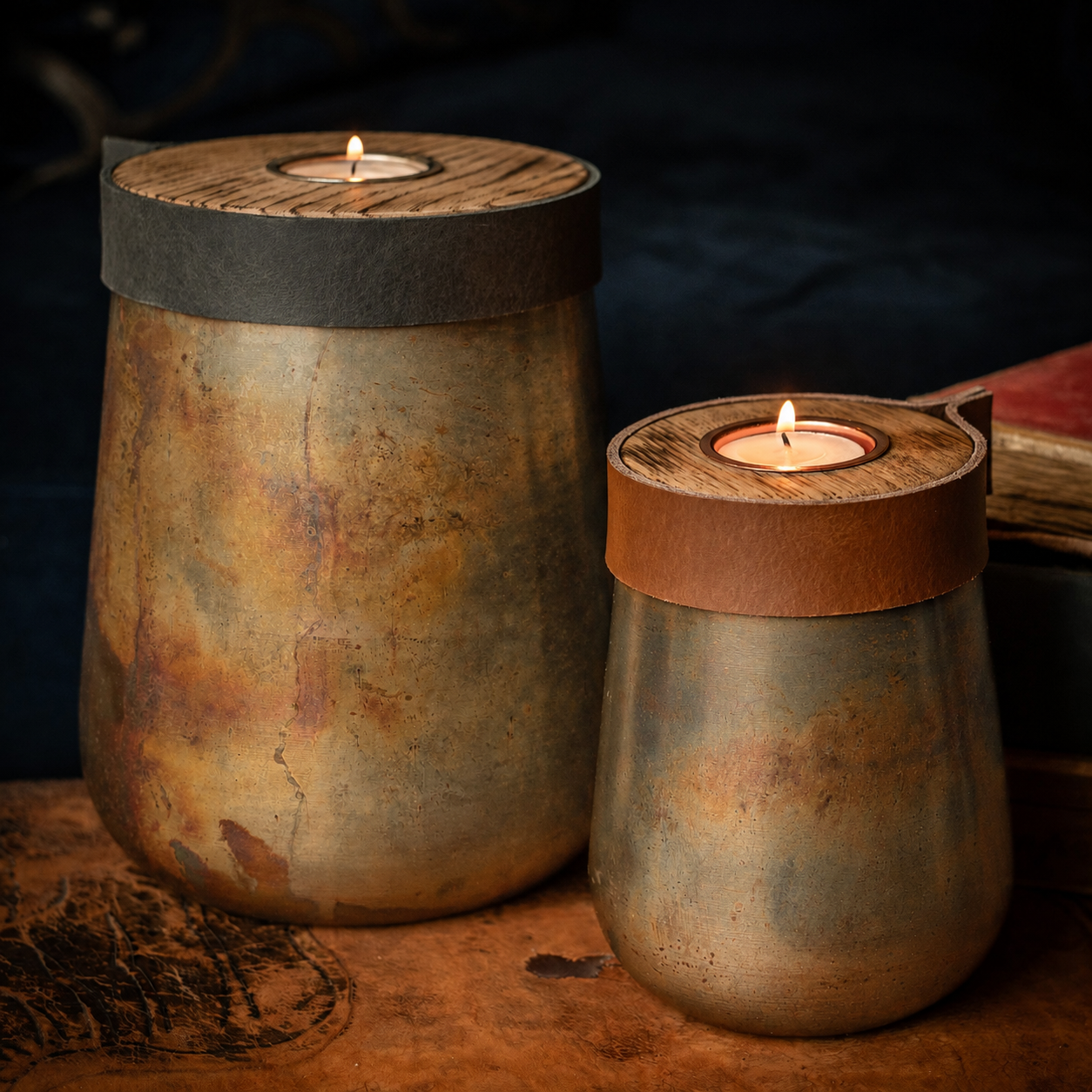Industrial Antique Copper Urn for Human or Pet Ashes – Large, Personalized with Cognac Leather