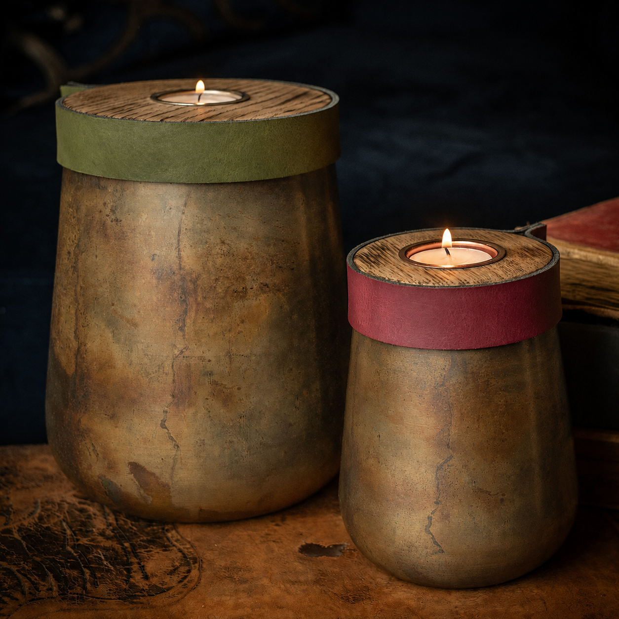 Industrial Antique Copper Urn for Human or Pet Ashes – Small, Personalized with Racing Green Leather
