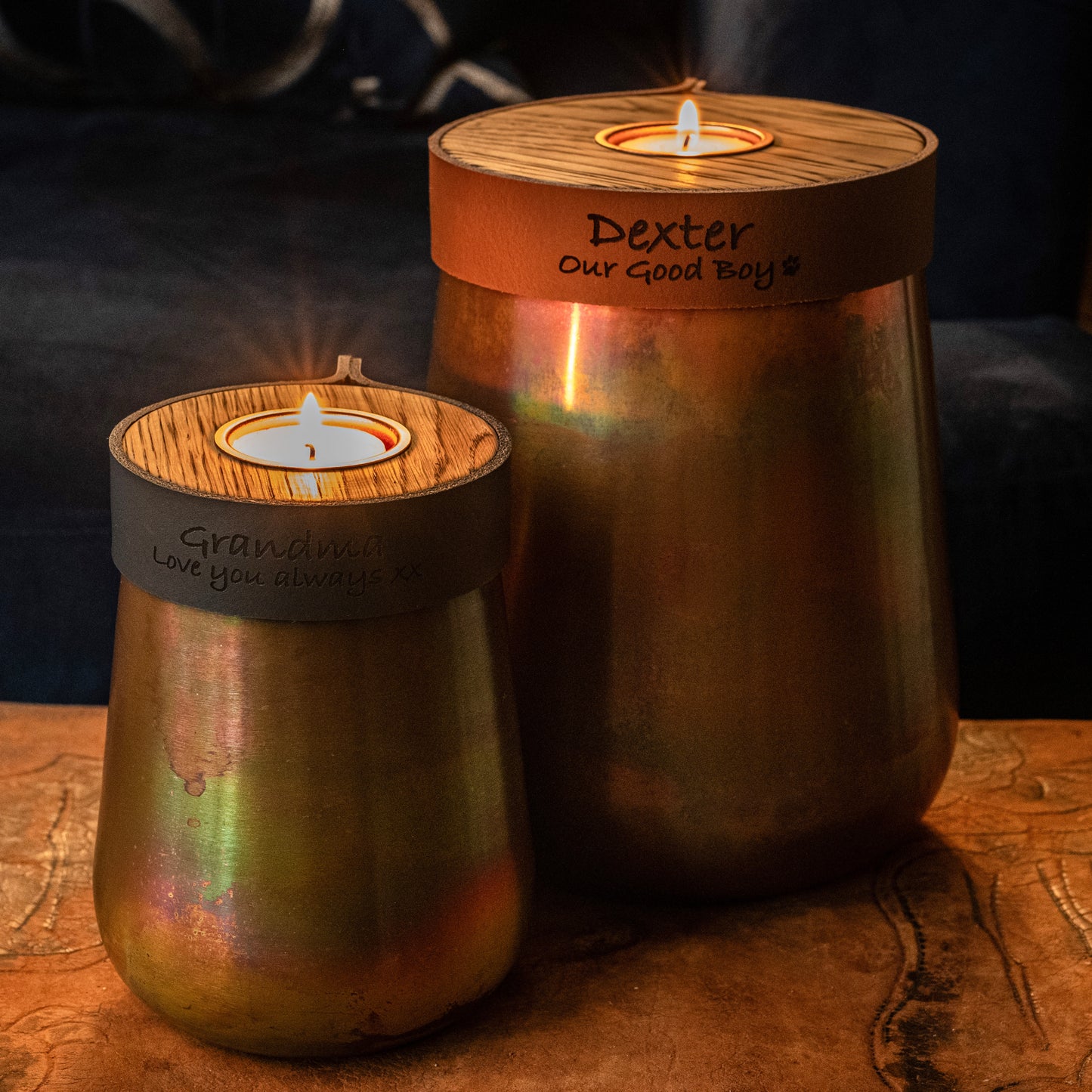 Human or Pet Urn For Ashes, Distressed Copper, Small Size, Modern Candle Urn, Personalised, Handmade, Cognac Brown Leather