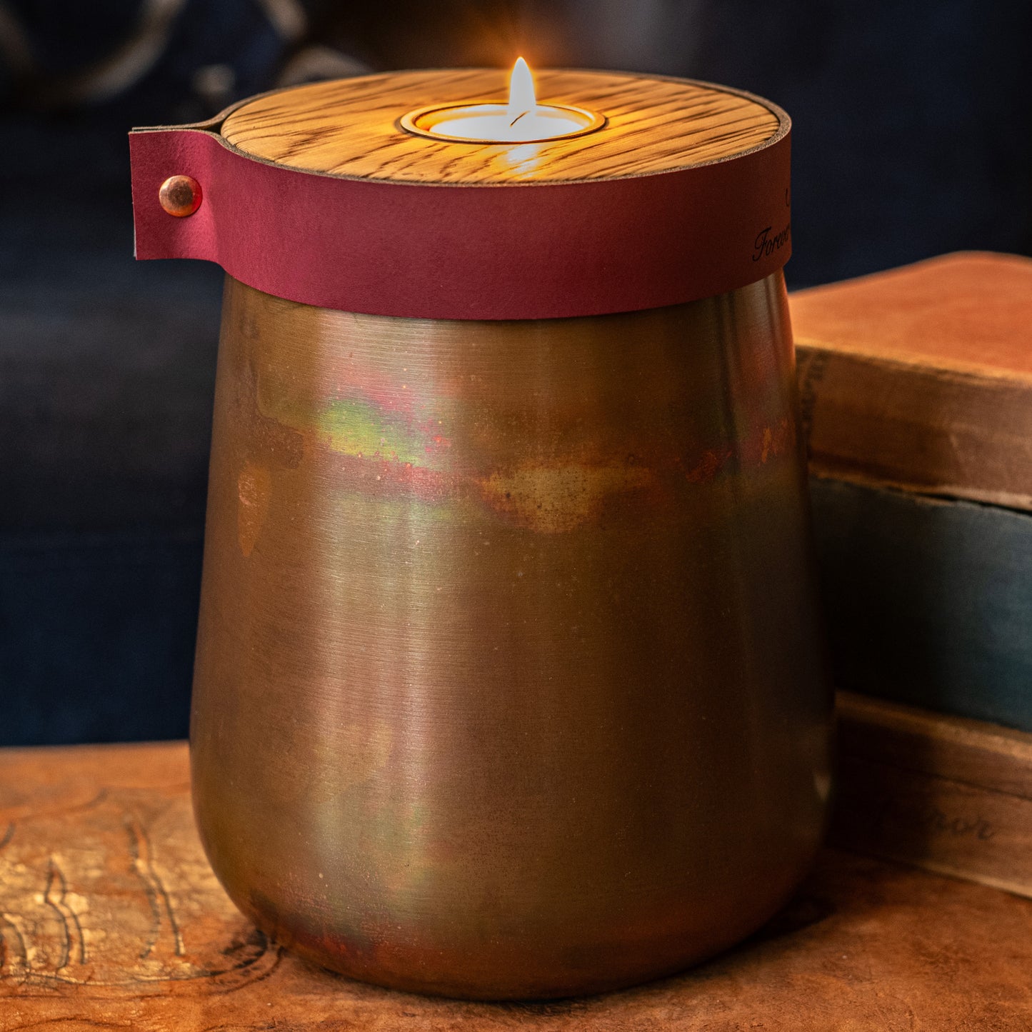 Human or Pet Urn For Ashes, Distressed Copper, Large Size, Modern Candle Urn, Personalise, Handmade, Burgundy Leather