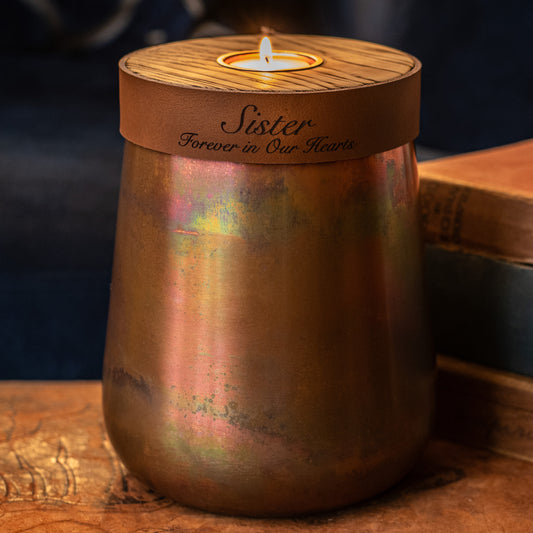 Human or Pet Urn For Ashes, Distressed Copper, Large Size, Modern Candle Urn, Personalise, Handmade, Cognac Brown Leather