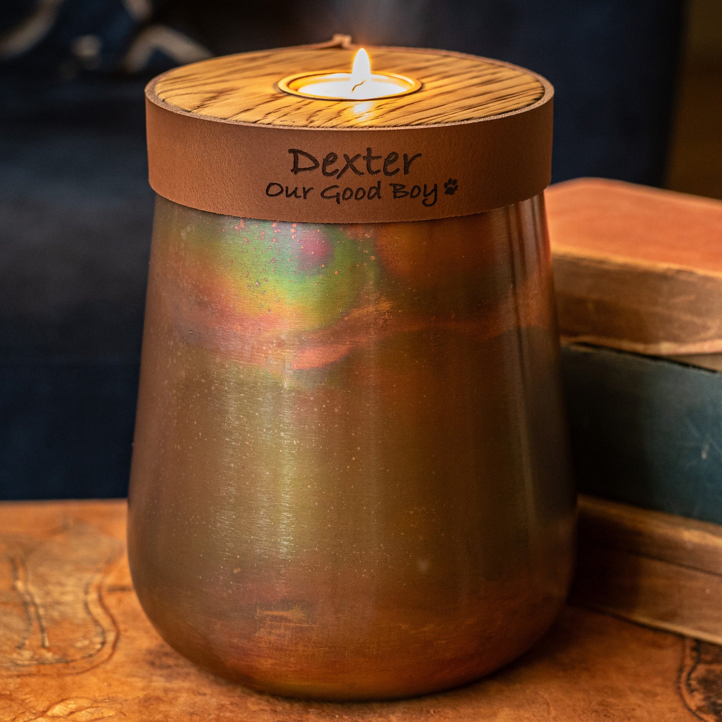 Human or Pet Urn For Ashes, Distressed Copper, Large Size, Modern Candle Urn, Personalise, Handmade, Cognac Brown Leather