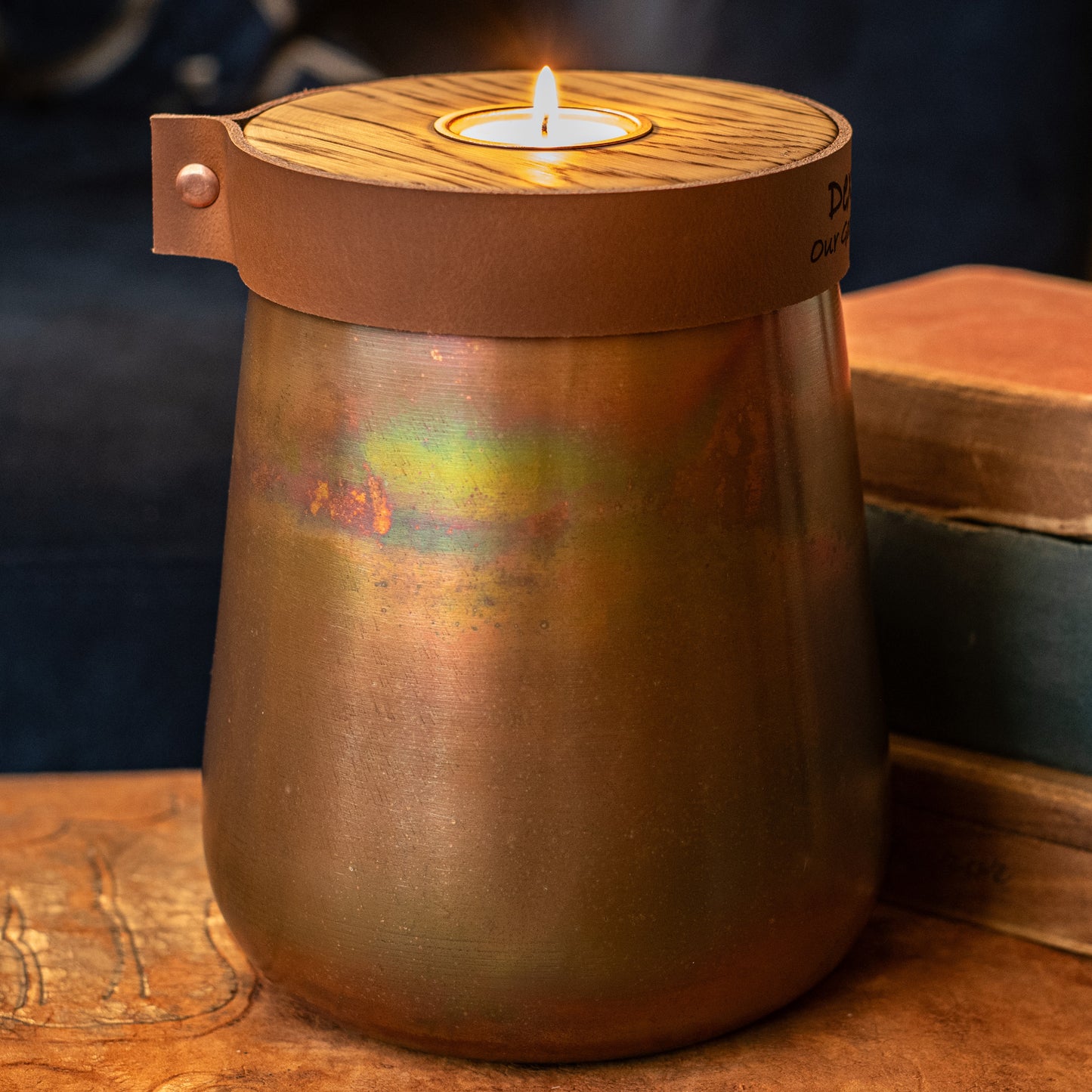 Human or Pet Urn For Ashes, Distressed Copper, Large Size, Modern Candle Urn, Personalise, Handmade, Cognac Brown Leather