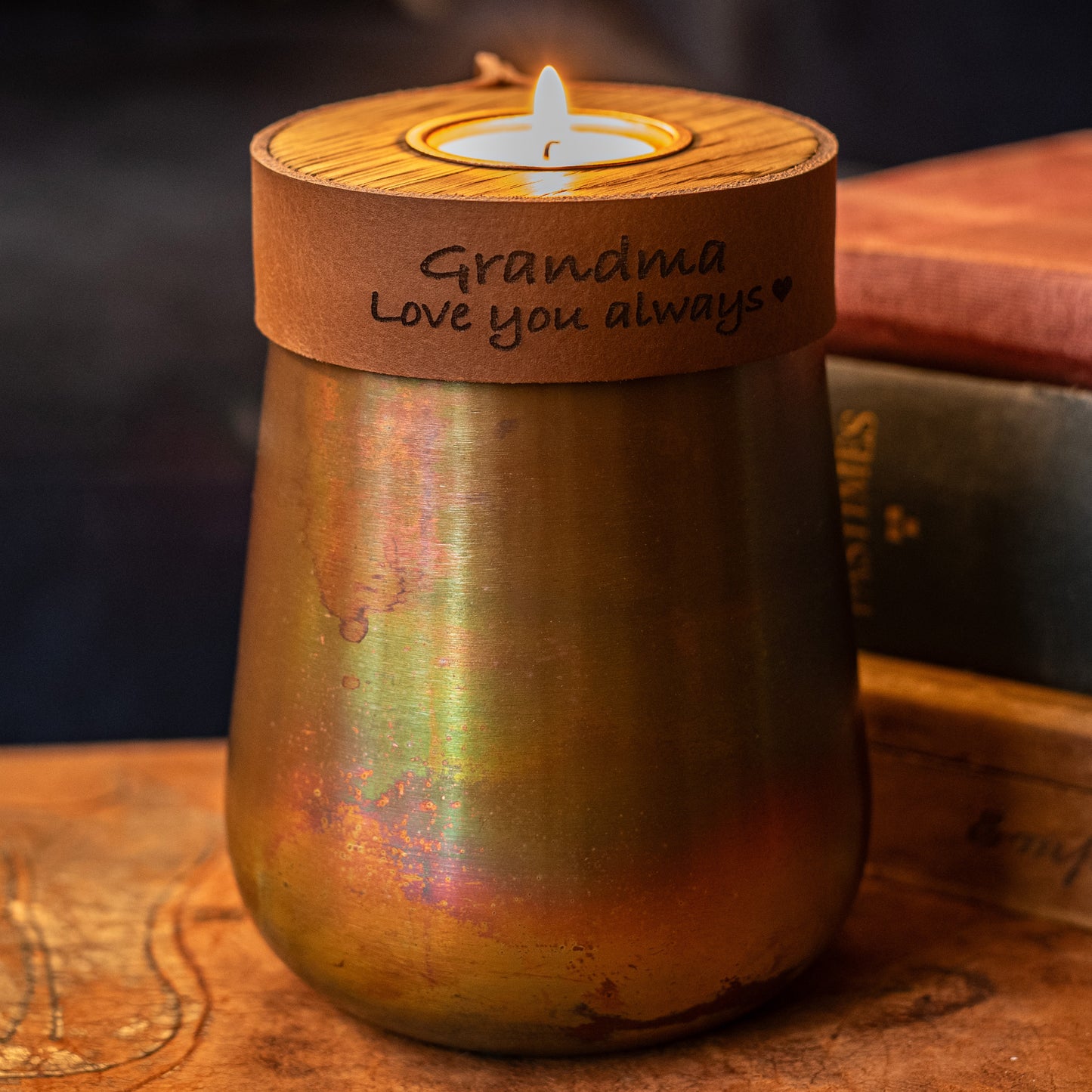 Human or Pet Urn For Ashes, Distressed Copper, Small Size, Modern Candle Urn, Personalised, Handmade, Cognac Brown Leather