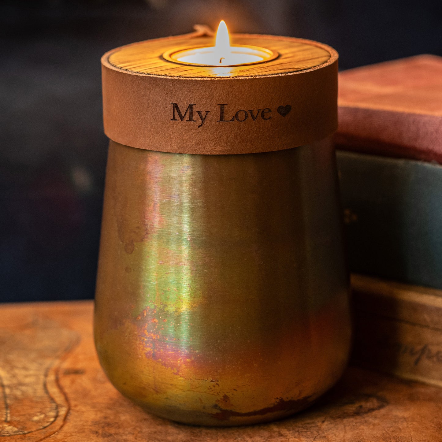 Human or Pet Urn For Ashes, Distressed Copper, Small Size, Modern Candle Urn, Personalised, Handmade, Cognac Brown Leather