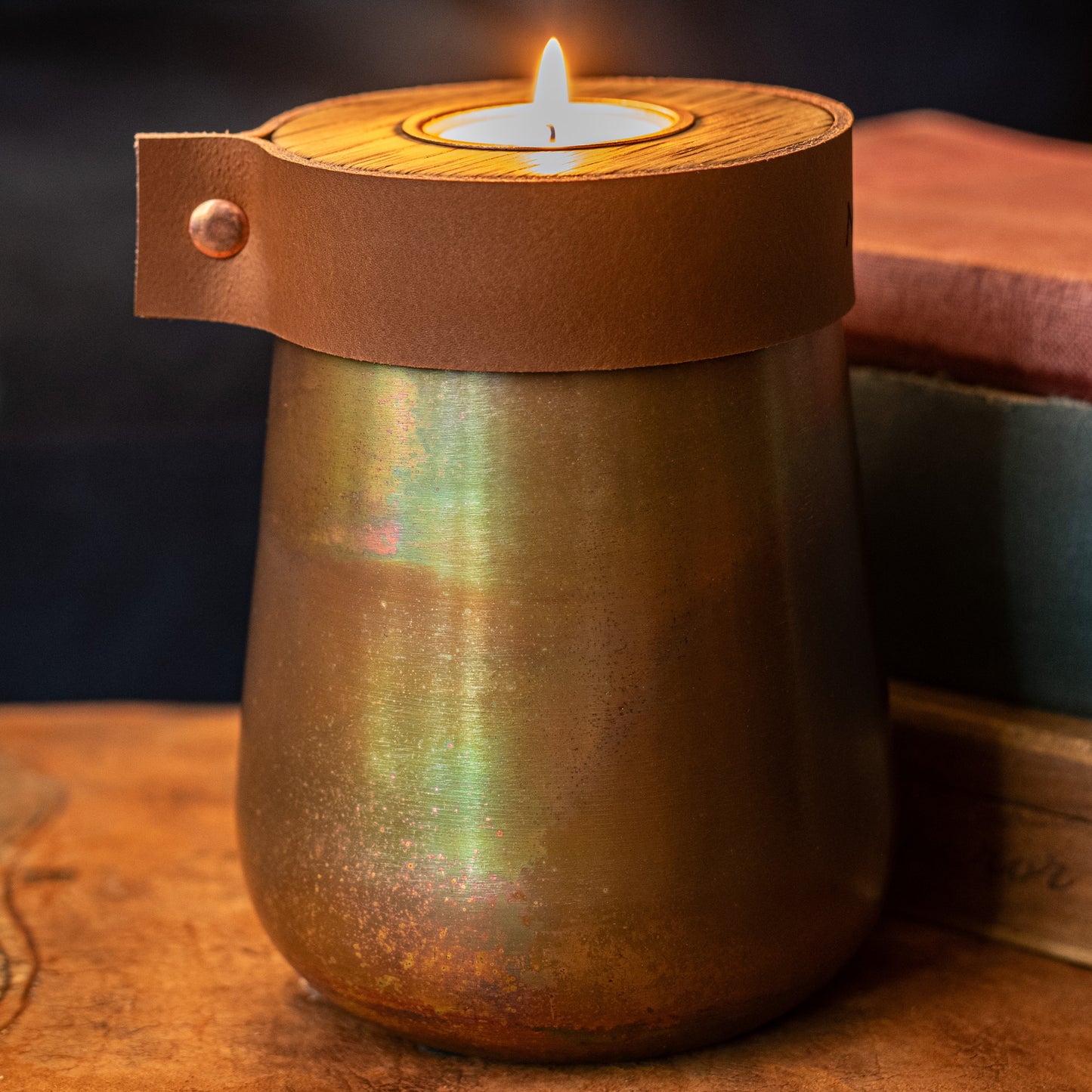 Human or Pet Urn For Ashes, Distressed Copper, Small Size, Modern Candle Urn, Personalised, Handmade, Cognac Brown Leather