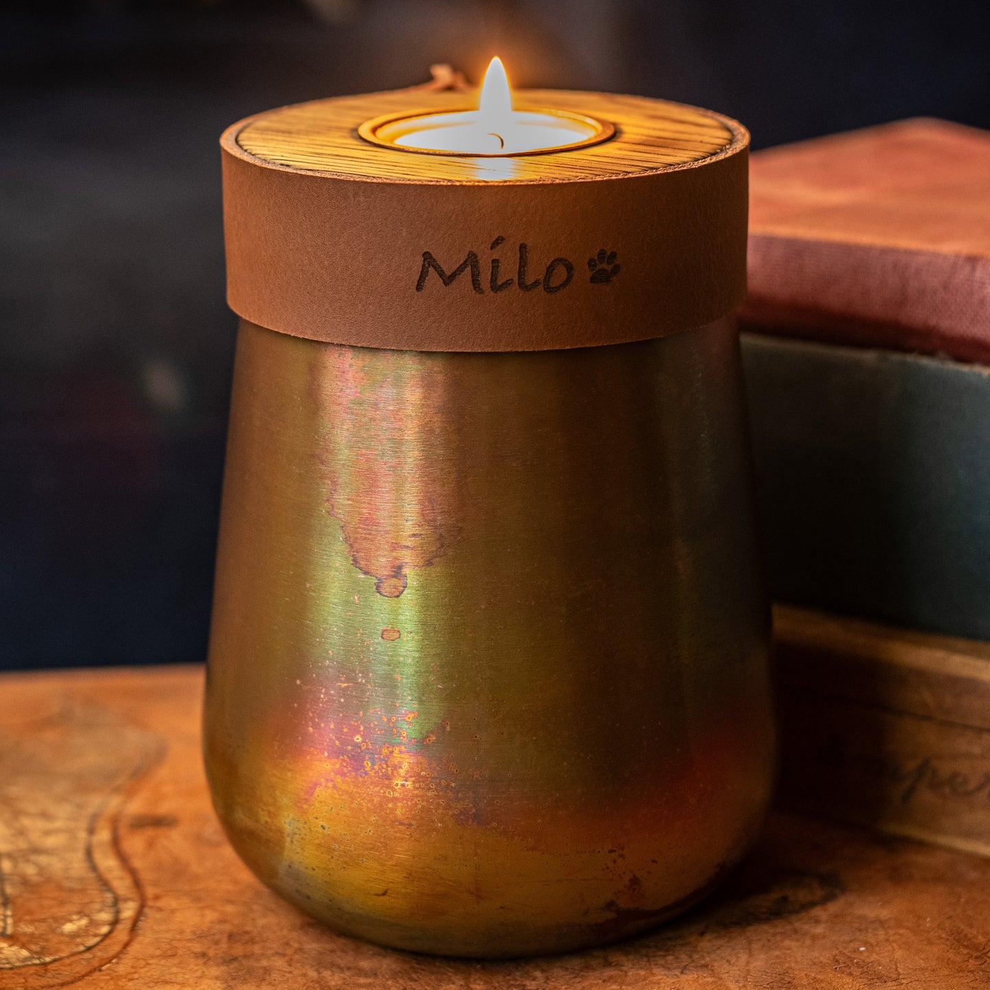 Human or Pet Urn For Ashes, Distressed Copper, Small Size, Modern Candle Urn, Personalised, Handmade, Cognac Brown Leather