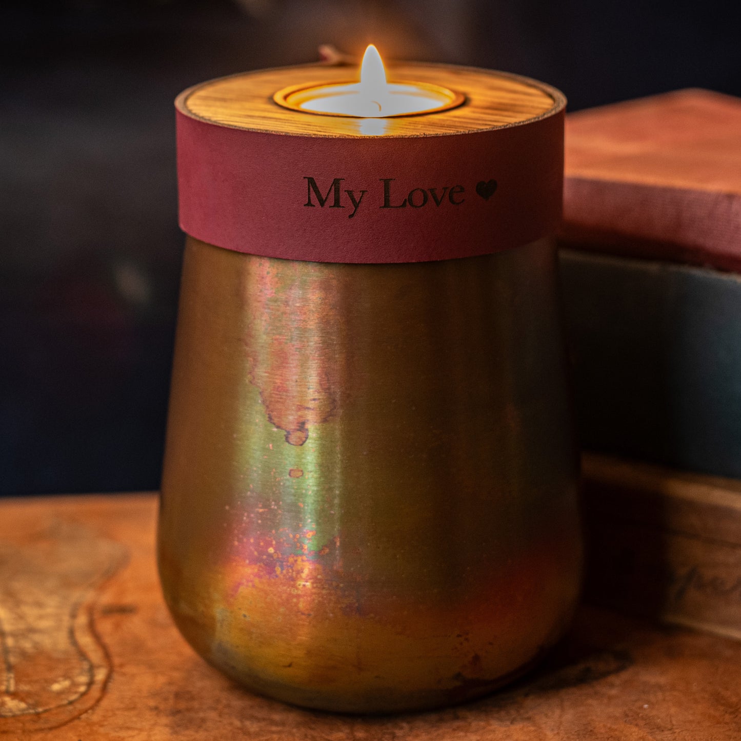 Human or Pet Urn For Ashes, Distressed Copper, Small Size, Modern Candle Urn, Personalise, Handmade, Burgundy Leather