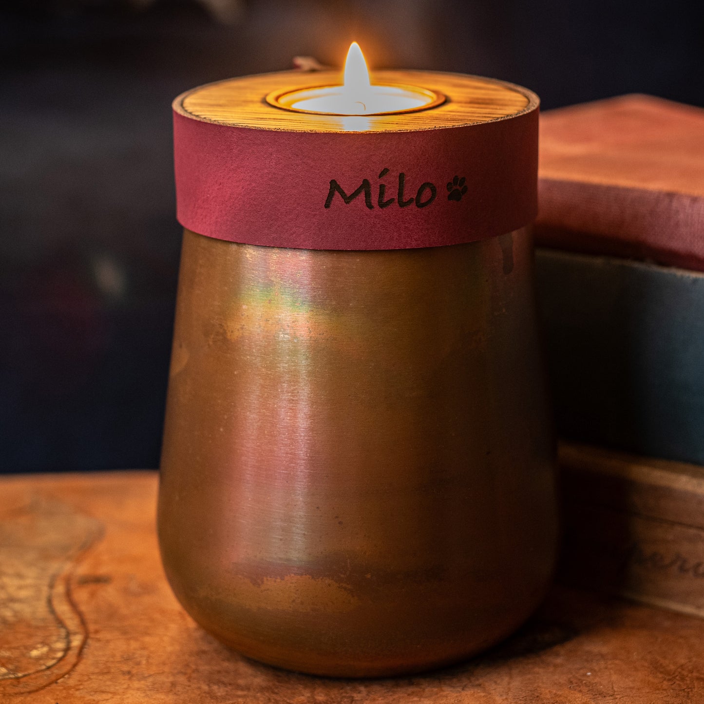 Human or Pet Urn For Ashes, Distressed Copper, Small Size, Modern Candle Urn, Personalise, Handmade, Burgundy Leather