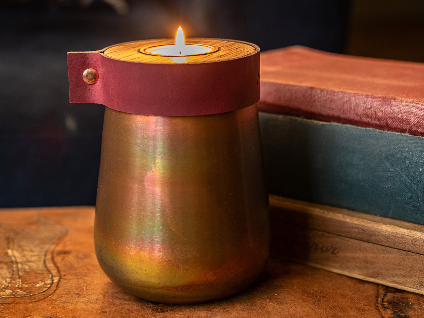 Human or Pet Urn For Ashes, Distressed Copper, Small Size, Modern Candle Urn, Personalise, Handmade, Burgundy Leather