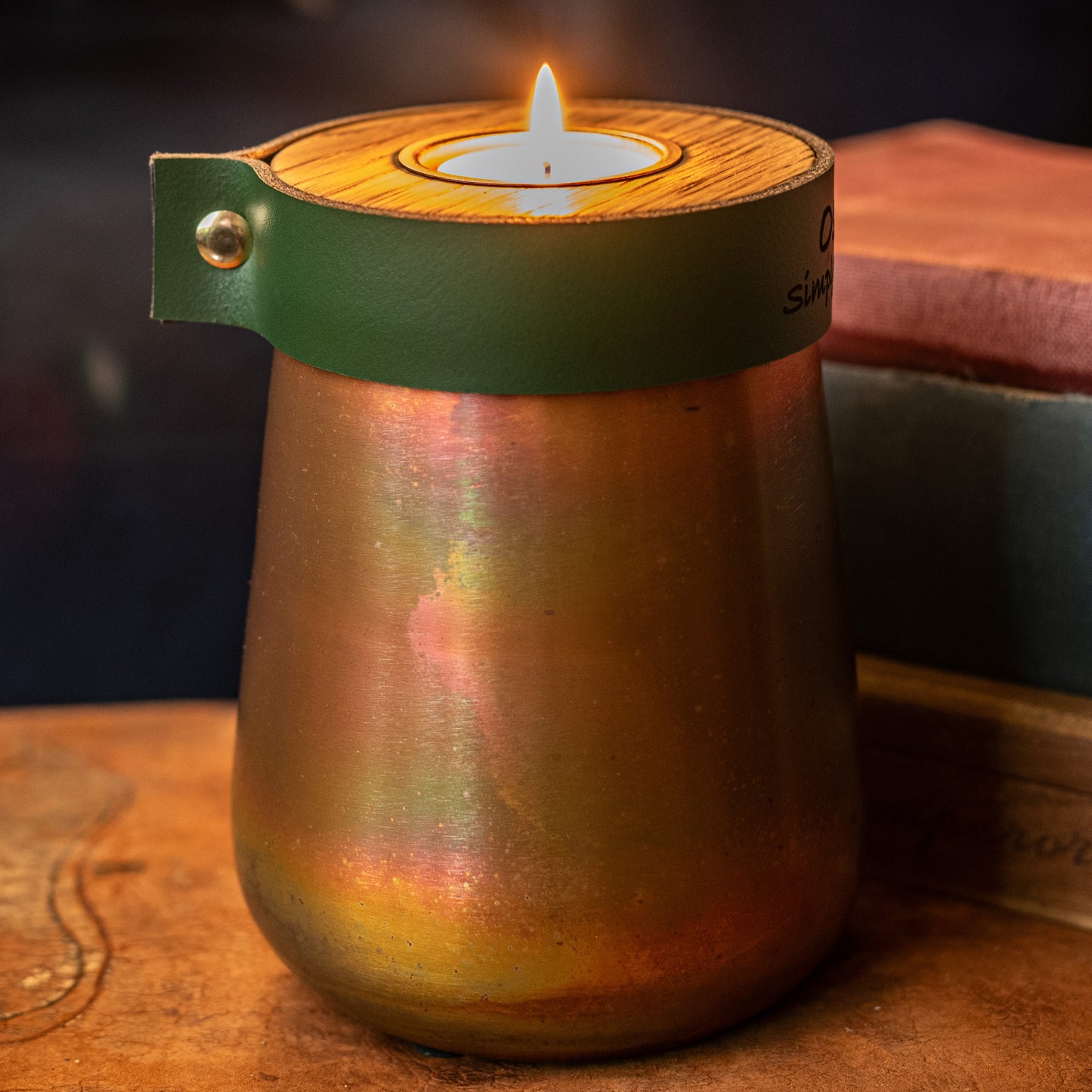 Human or Pet Urn For Ashes, Distressed Copper, Small Size, Modern Candle Urn, Personalise, Handmade, British Racing Green Leather