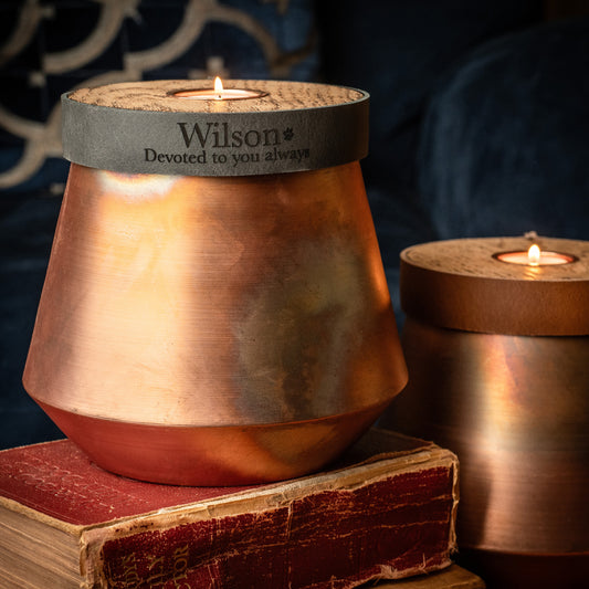 Human or Pet Urn For Ashes, Burnt Copper, Modern Candle Urn, Large Size, Personalise, Smoke Grey Leather
