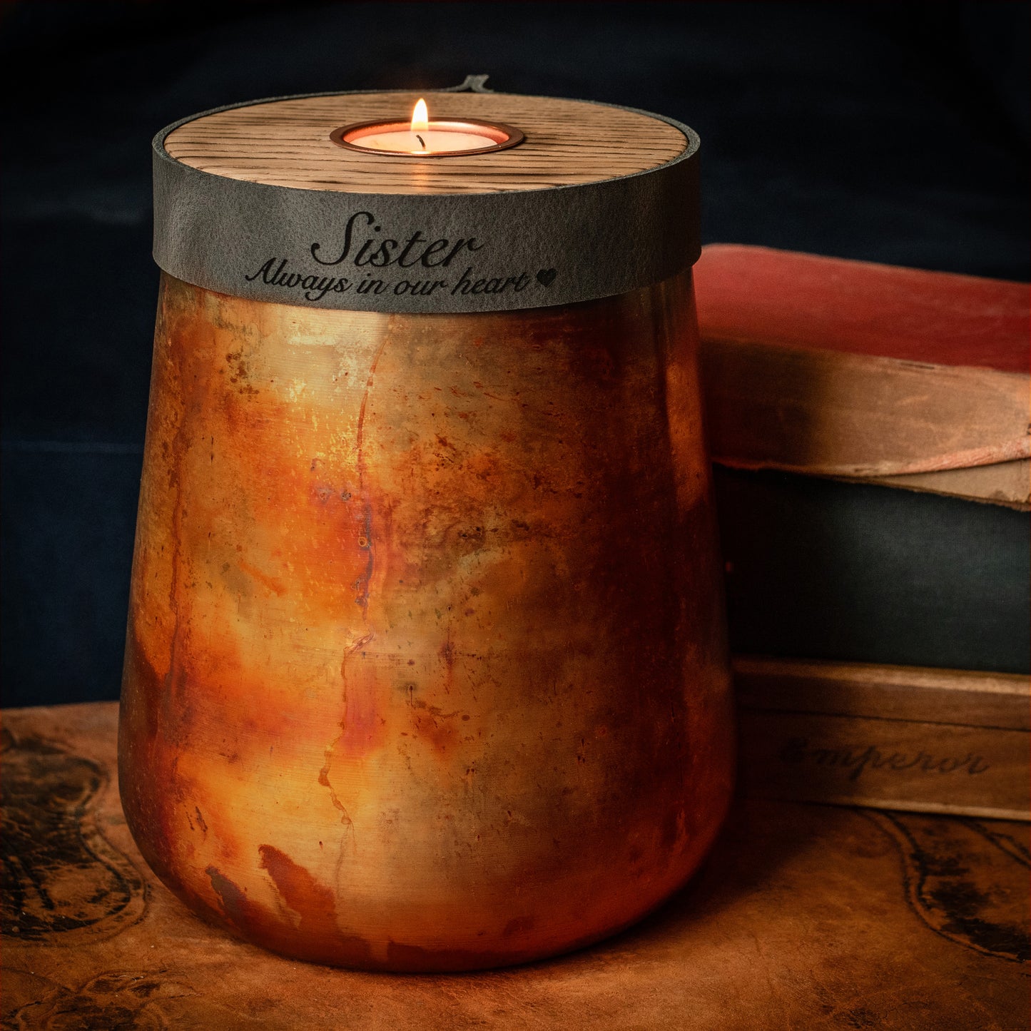 Human or Pet Urn For Ashes, Distressed Copper, Large Size, Modern Candle Urn, Personalise, Handmade, Deep Smoke Grey Leather