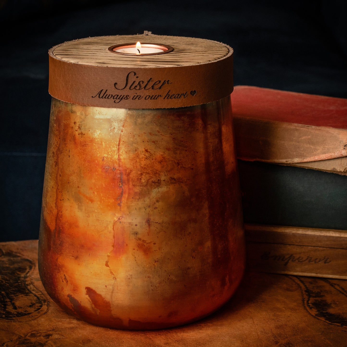 Human or Pet Urn For Ashes, Distressed Copper, Large Size, Modern Candle Urn, Personalise, Handmade, Cognac Brown Leather