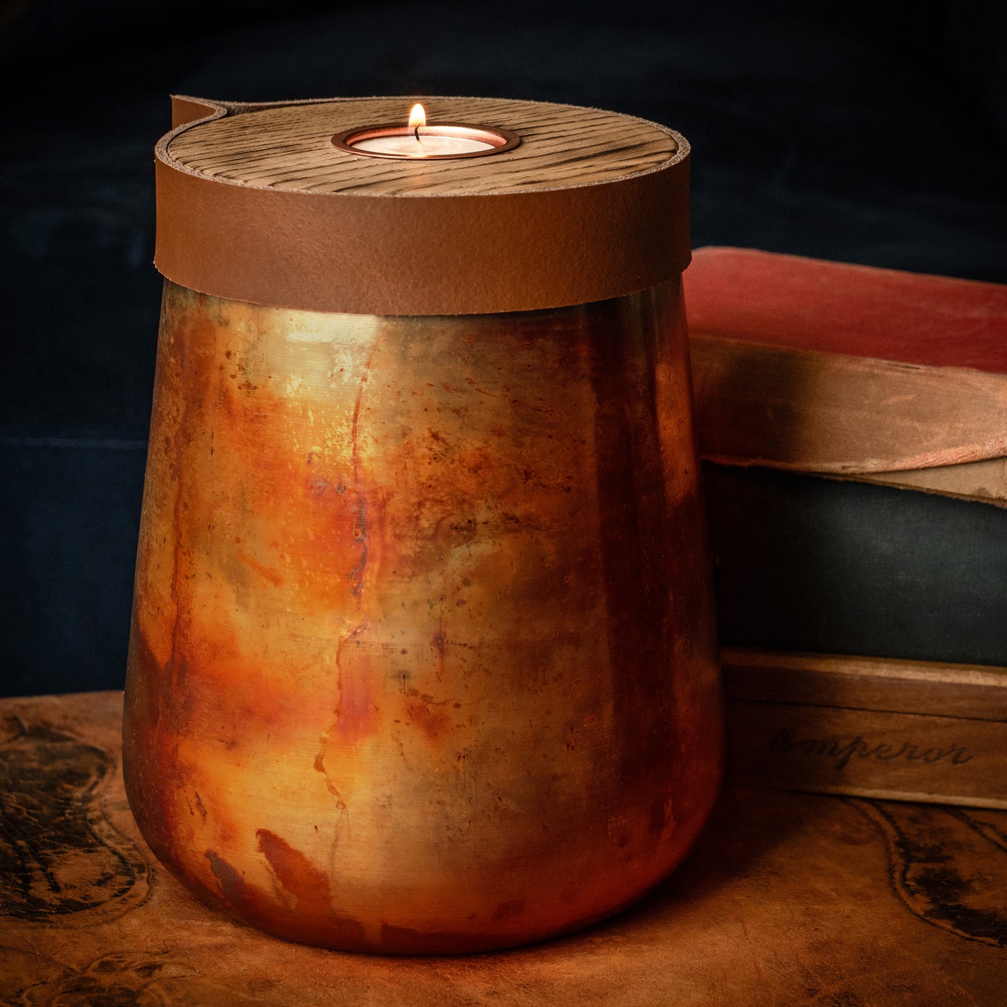 Human or Pet Urn For Ashes, Distressed Copper, Large Size, Modern Candle Urn, Personalise, Handmade, Cognac Brown Leather
