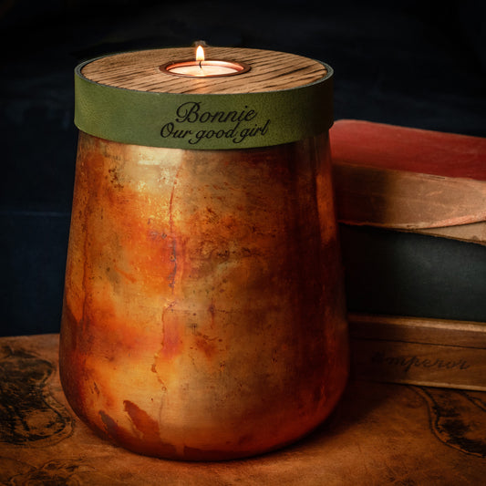 Human or Pet Urn For Ashes, Distressed Copper, Large Size, Modern Candle Urn, Personalise, Handmade, British Racing Green Leather