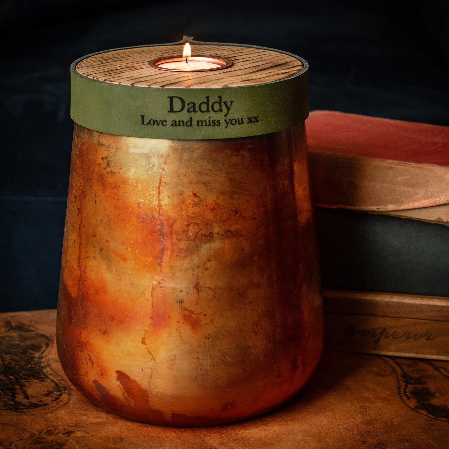 Human or Pet Urn For Ashes, Distressed Copper, Large Size, Modern Candle Urn, Personalise, Handmade, British Racing Green Leather