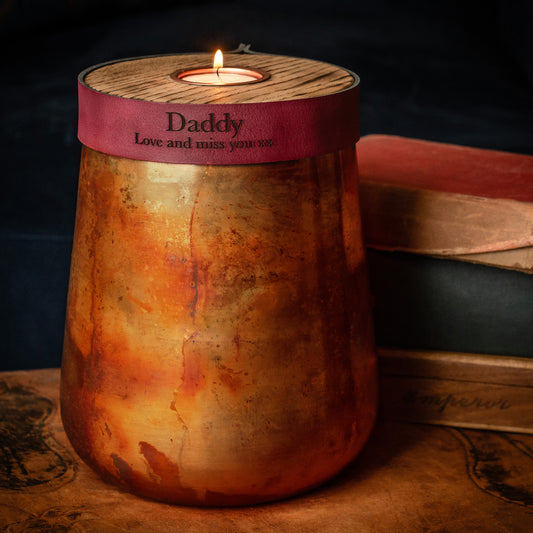 Human or Pet Urn For Ashes, Distressed Copper, Large Size, Modern Candle Urn, Personalise, Handmade, Burgundy Leather
