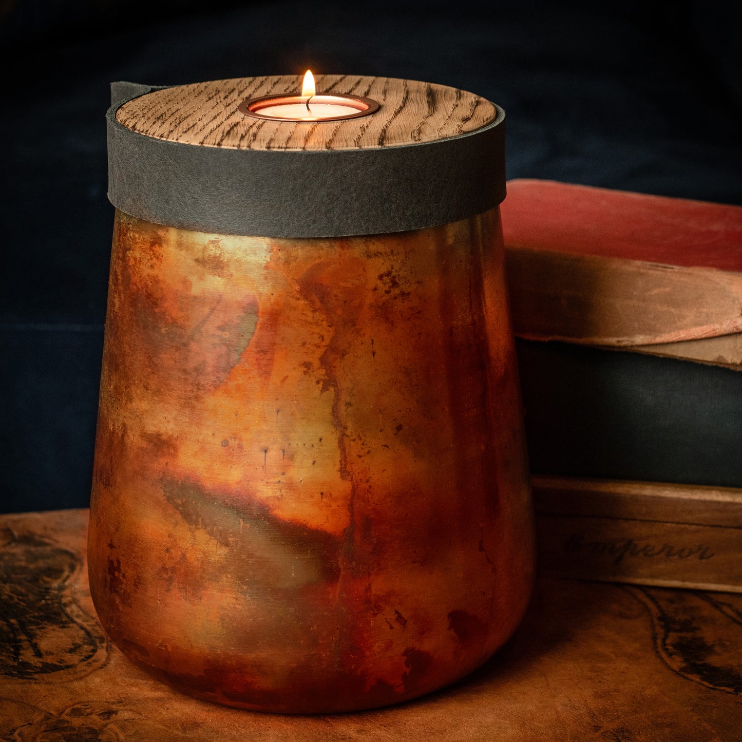 Human or Pet Urn For Ashes, Distressed Copper, Large Size, Modern Candle Urn, Personalise, Handmade, Deep Smoke Grey Leather