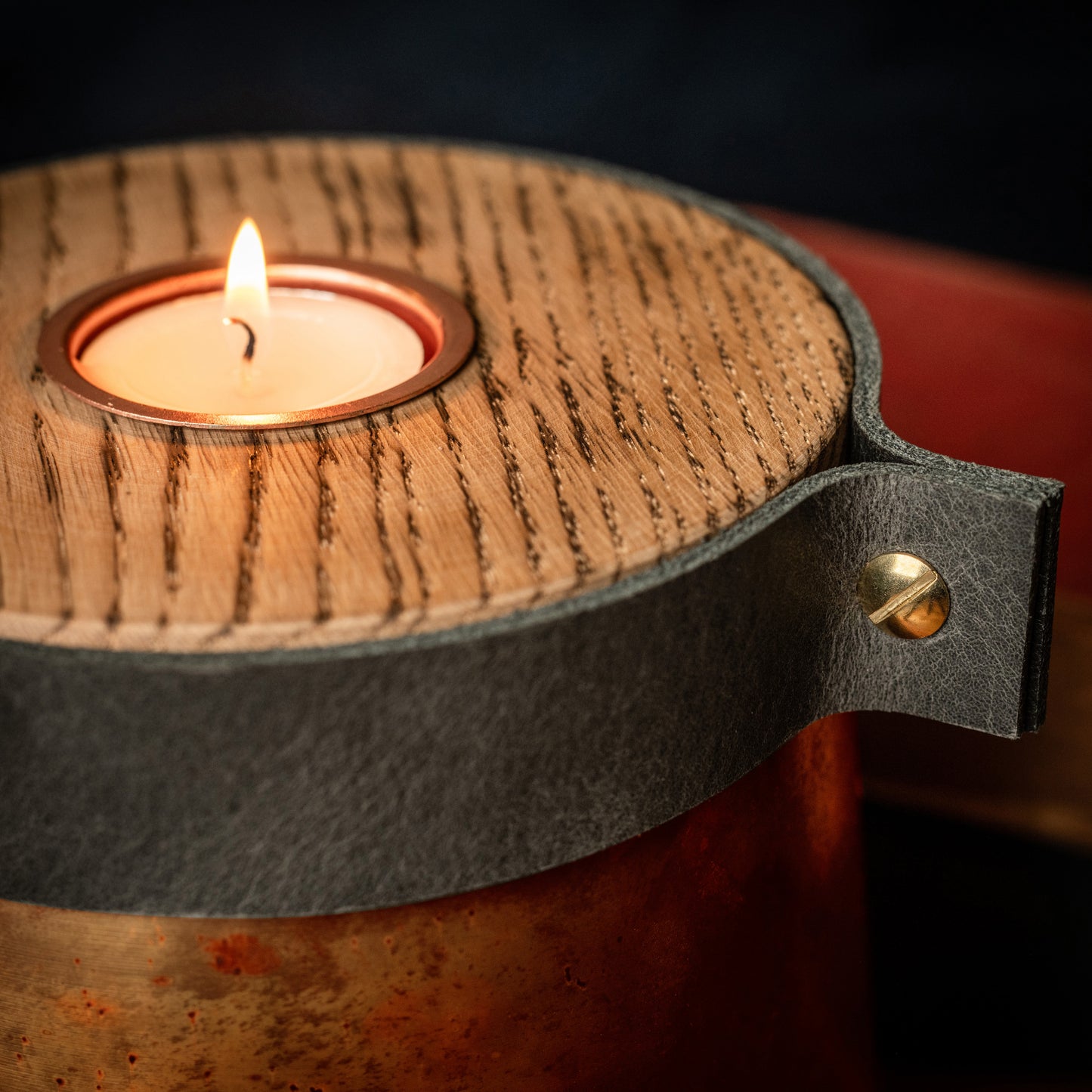 Human or Pet Urn For Ashes, Distressed Copper, Large Size, Modern Candle Urn, Personalise, Handmade, Deep Smoke Grey Leather