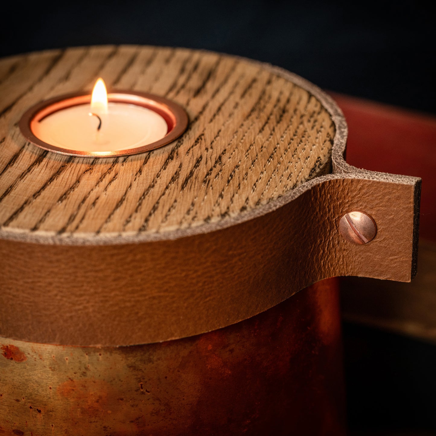 Human or Pet Urn For Ashes, Distressed Copper, Large Size, Modern Candle Urn, Personalise, Handmade, Cognac Brown Leather