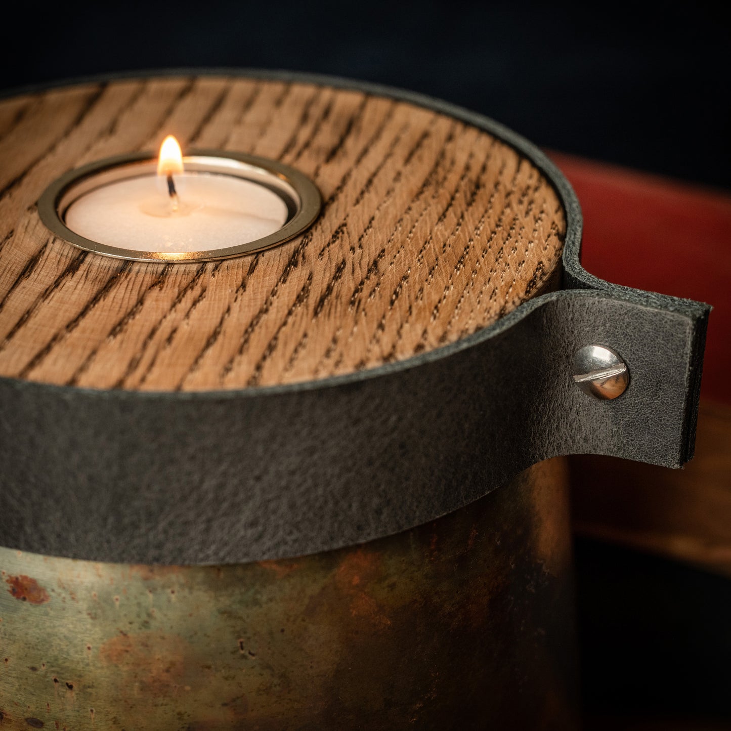 Industrial Antique Copper Urn for Human or Pet Ashes – Small, Personalized with Smoke Grey Leather
