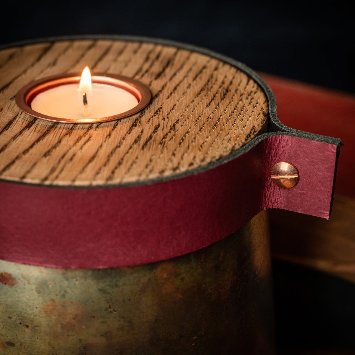 Industrial Antique Copper Urn for Human or Pet Ashes – Large, Personalized with Burgundy Leather (Copy)