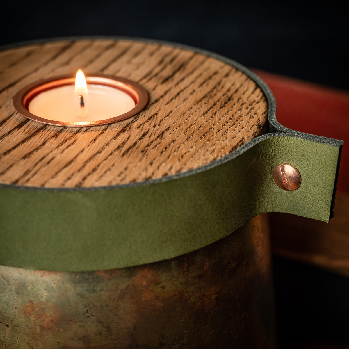 Industrial Antique Copper Urn for Human or Pet Ashes – Large, Personalized with Racing Green Leather