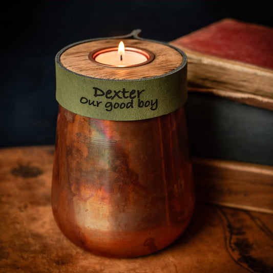 Human or Pet Urn For Ashes, Distressed Copper, Small Size, Modern Candle Urn, Personalise, Handmade, British Racing Green Leather