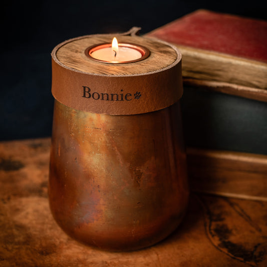 Human or Pet Urn For Ashes, Distressed Copper, Small Size, Modern Candle Urn, Personalise, Handmade, Cognac Brown Leather