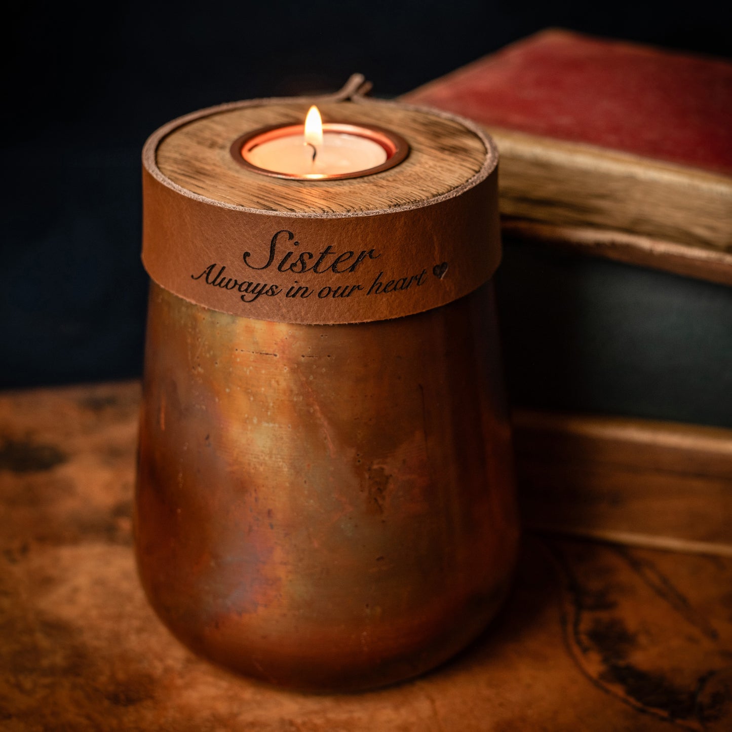 Human or Pet Urn For Ashes, Distressed Copper, Small Size, Modern Candle Urn, Personalise, Handmade, Cognac Brown Leather