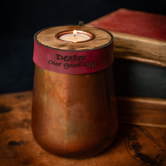 Human or Pet Urn For Ashes, Distressed Copper, Small Size, Modern Candle Urn, Personalise, Handmade, Burgundy Leather
