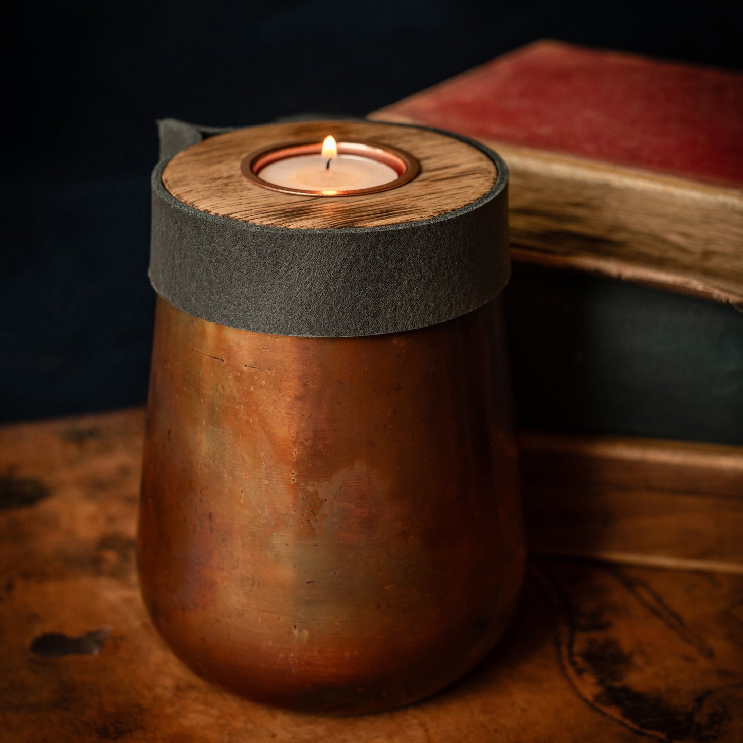 Human or Pet Urn For Ashes, Distressed Copper, Small Size, Modern Candle Urn, Personalise, Handmade, Smoke Grey Leather