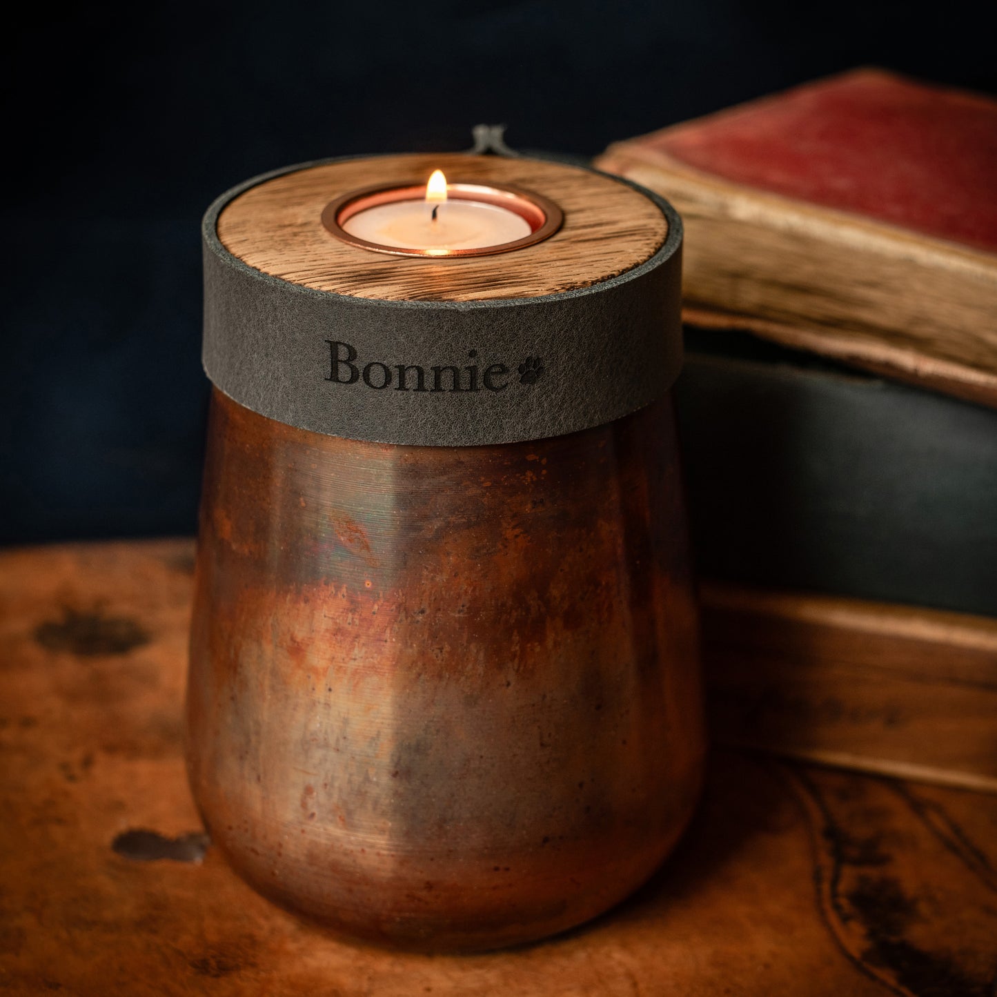 Human or Pet Urn For Ashes, Distressed Copper, Small Size, Modern Candle Urn, Personalise, Handmade, Smoke Grey Leather