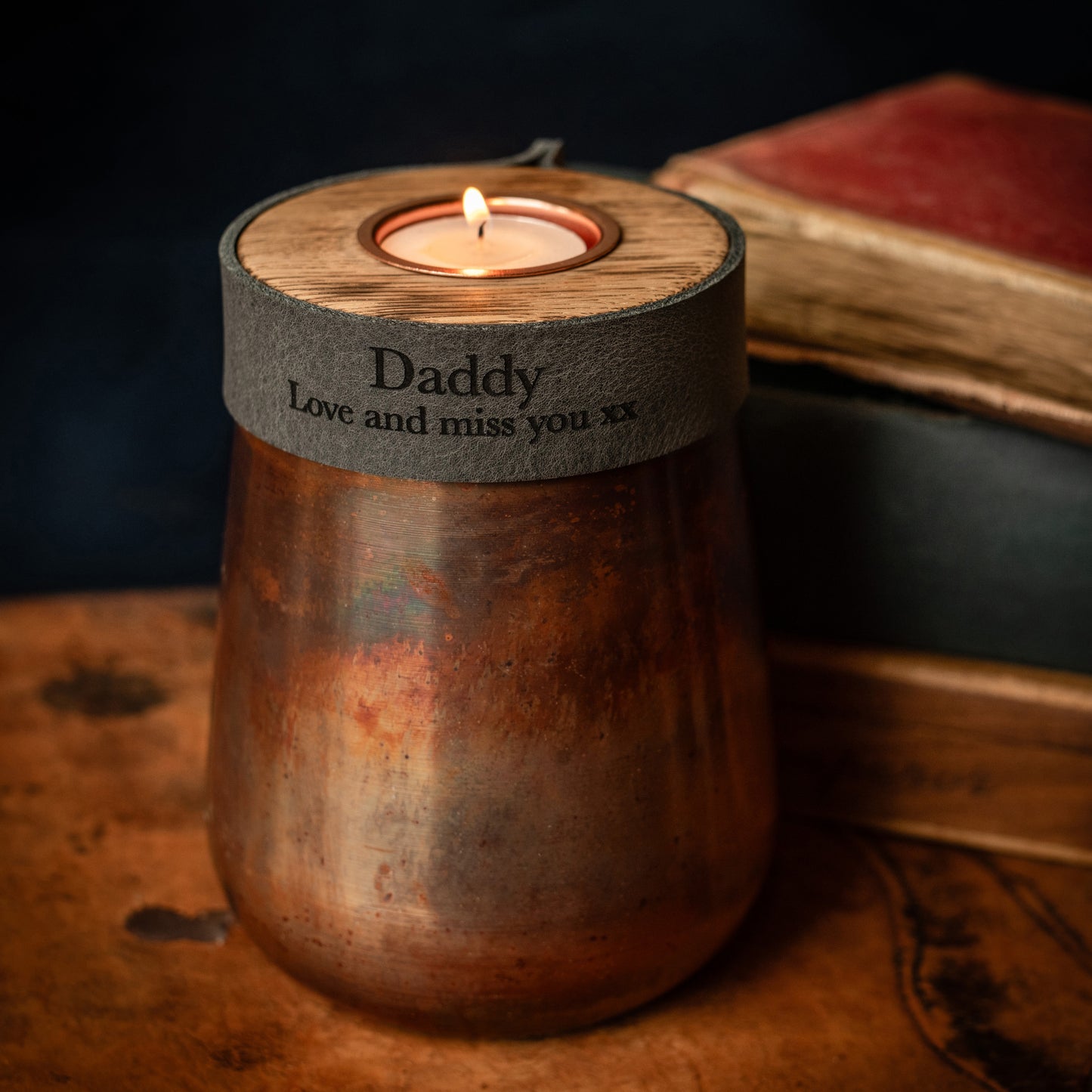 Human or Pet Urn For Ashes, Distressed Copper, Small Size, Modern Candle Urn, Personalise, Handmade, Smoke Grey Leather